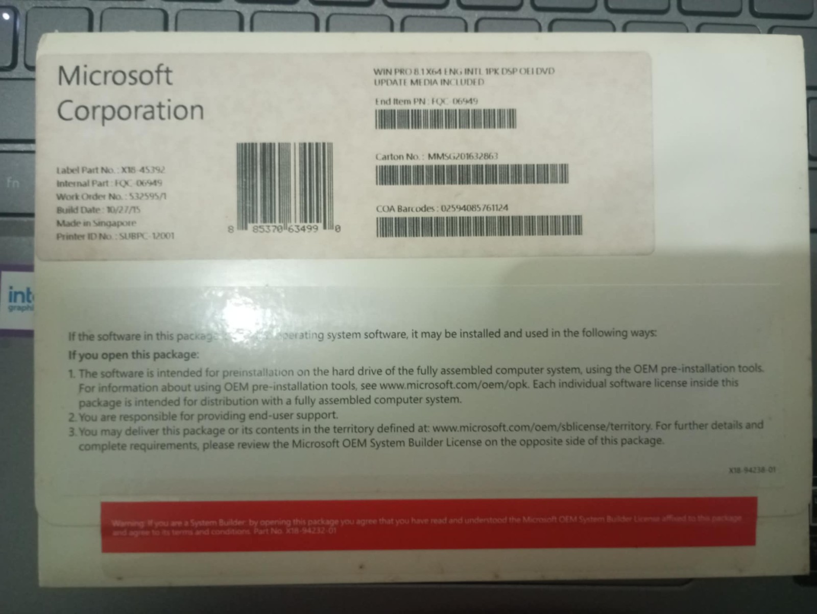 Microsoft Windows 8.1 Pro x64 Bit English OEI DVD w/ cd key and sticker (New)