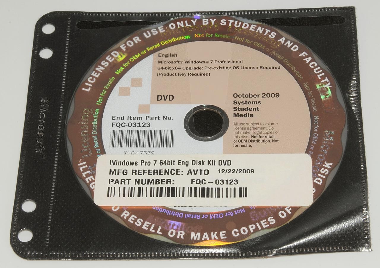 Microsoft Windows 7 Professional x64 Upgrade Student Media Oct 2009 FQC-03123