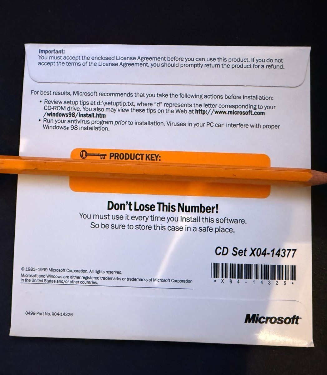 Microsoft Windows 98 Upgrade Second Edition Operating System CD-ROM Product Code