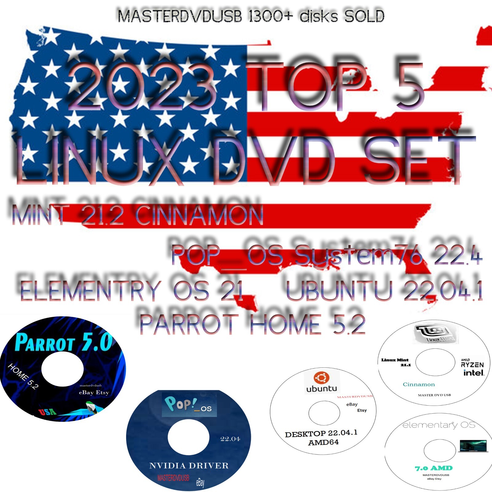 TOP 5 LINUX DISTOS 5 DVD SET 2023  MINT21.2, UBUNTU 22.04.1, POP_OS 22.04 USA!!!