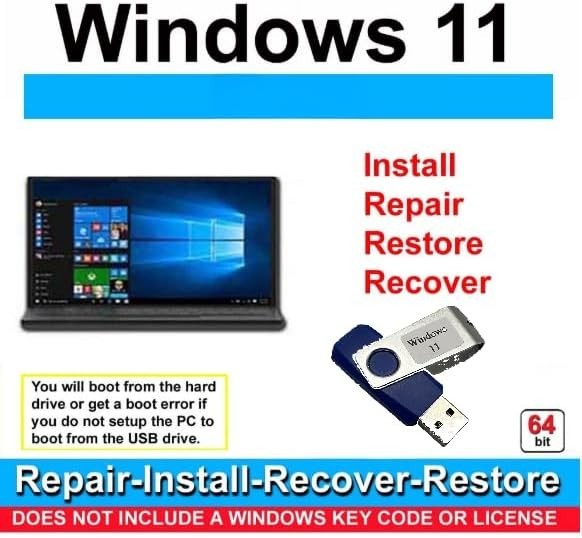 Recovery and Repair USB Drive for Windows 11, 64-Bit, Install-Restore-Recover Bo