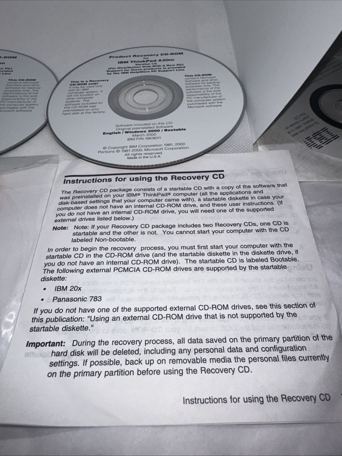 IBM Thinkpad A20m Version 1.0 Product Recovery CD-ROM 1 Windows NT And 1 2000