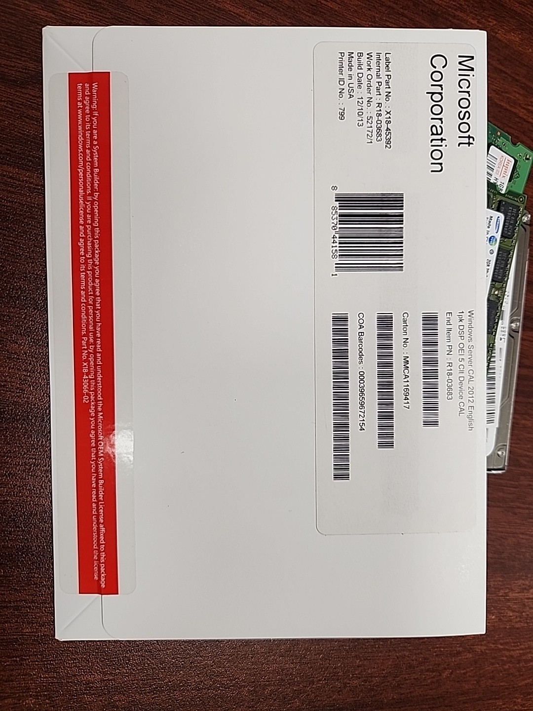 Microsoft Windows Server CAL 2012 R18-03683 1PK COA DSP OEI 5 clt Device CAL