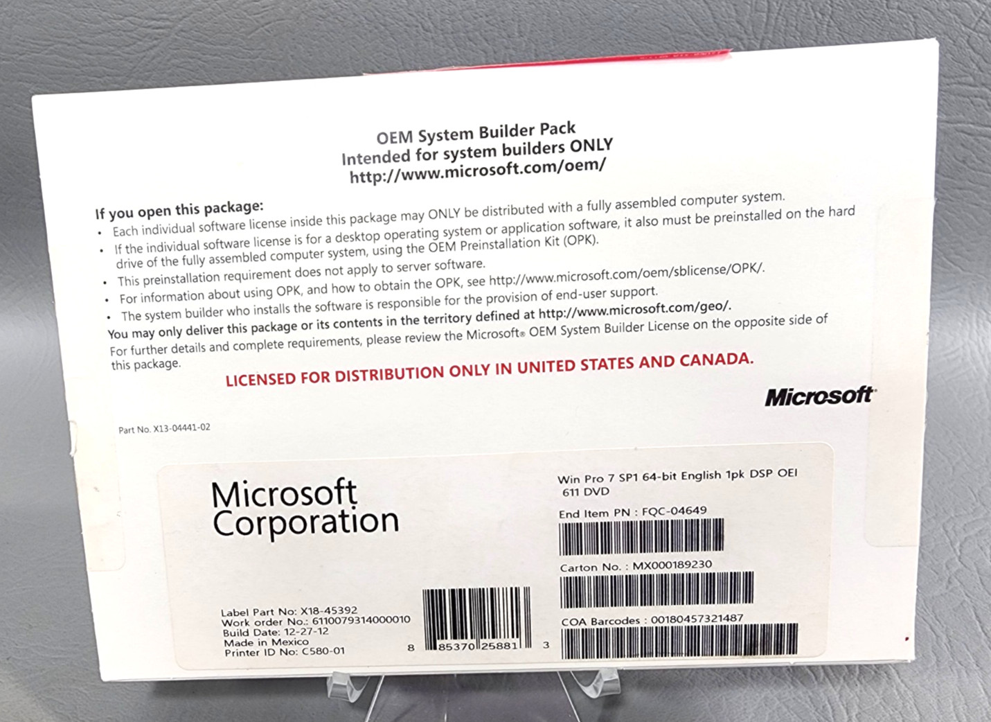 Microsoft Windows Pro 7 SP1 64-bit 1pk DSP OEI 611 DVD | NEW Old Stock