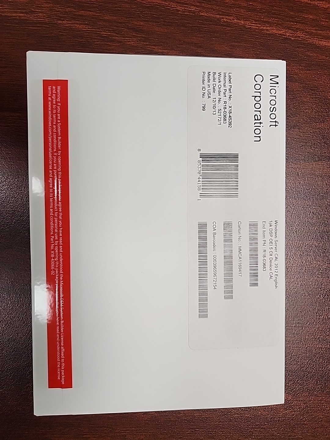 Microsoft Windows Server CAL 2012 R18-03683 1PK COA DSP OEI 5 clt Device CAL