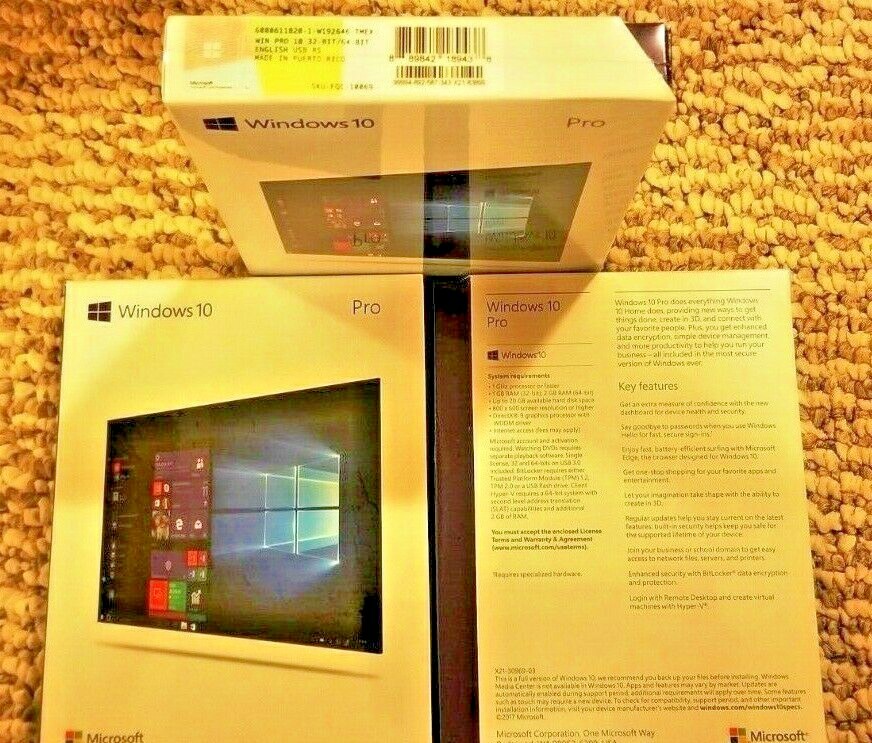 Microsoft Windows 10 Professional,SKU FQC-10069,Sealed Box,32-bit,64-bit,USB 3