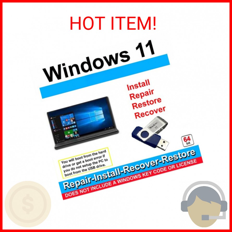Recovery and Repair USB Drive for Windows 11, 64-bit, Install-Restore-Recover Bo