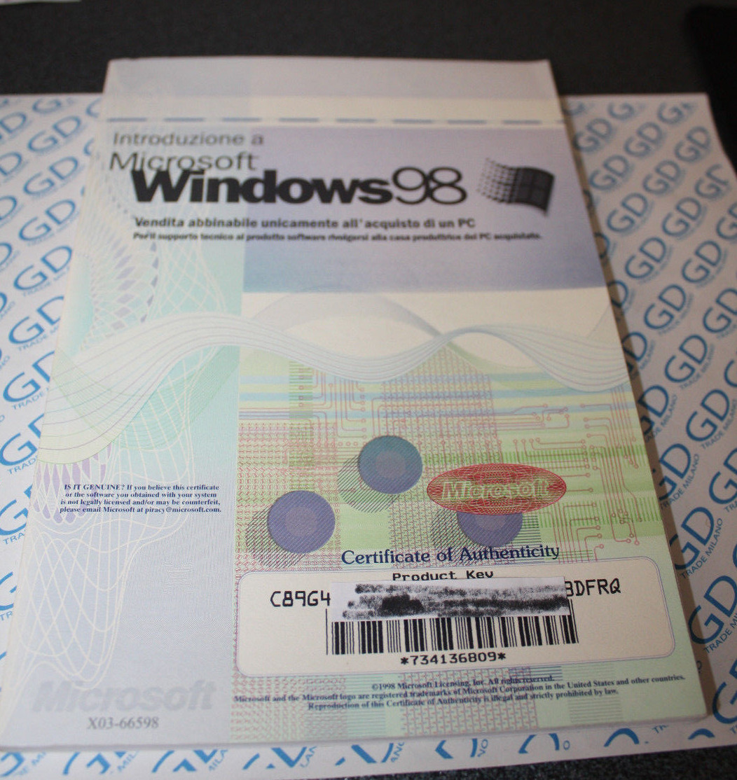 LICENZA license certificate Microsoft Windows 98 no CD solo manuale Italiano ITA