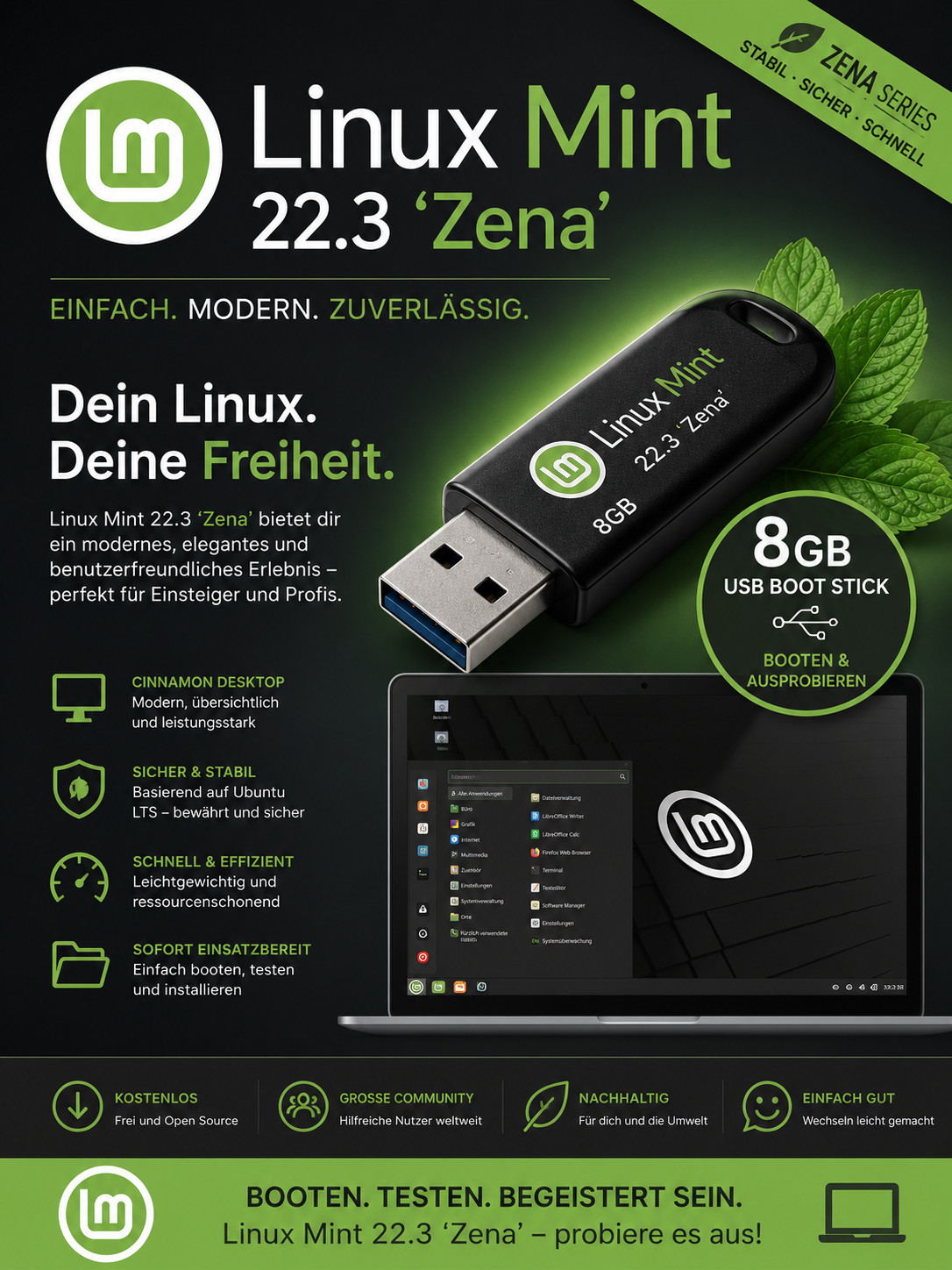 Linux Mint 22.3 'Zena’ Cinnamon – 8GB USB Boot Stick NEW INSTALLATION