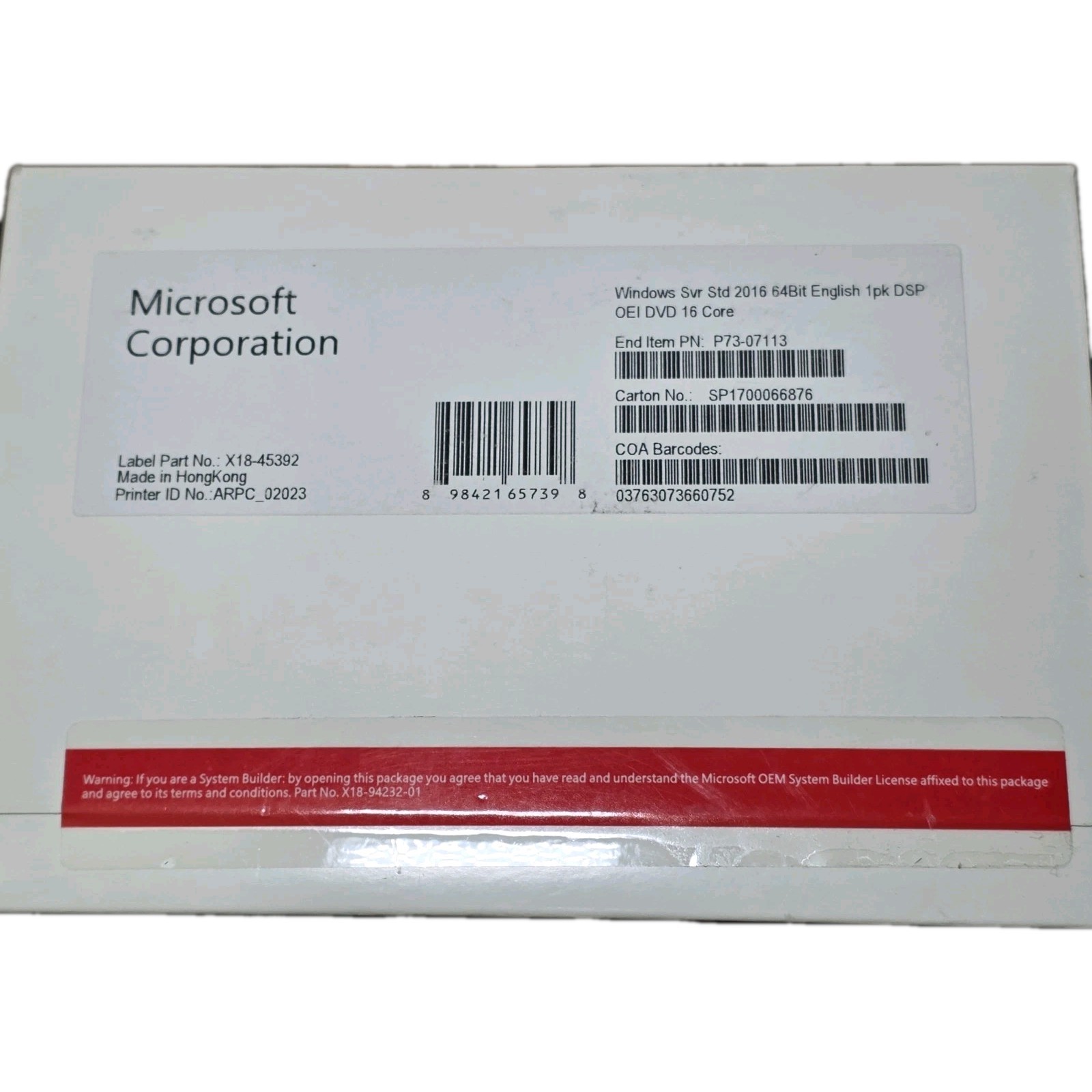 Microsoft Windows Server Standard 2016 64-bit DVD – P7307113 – 16 CORE BASE OEM