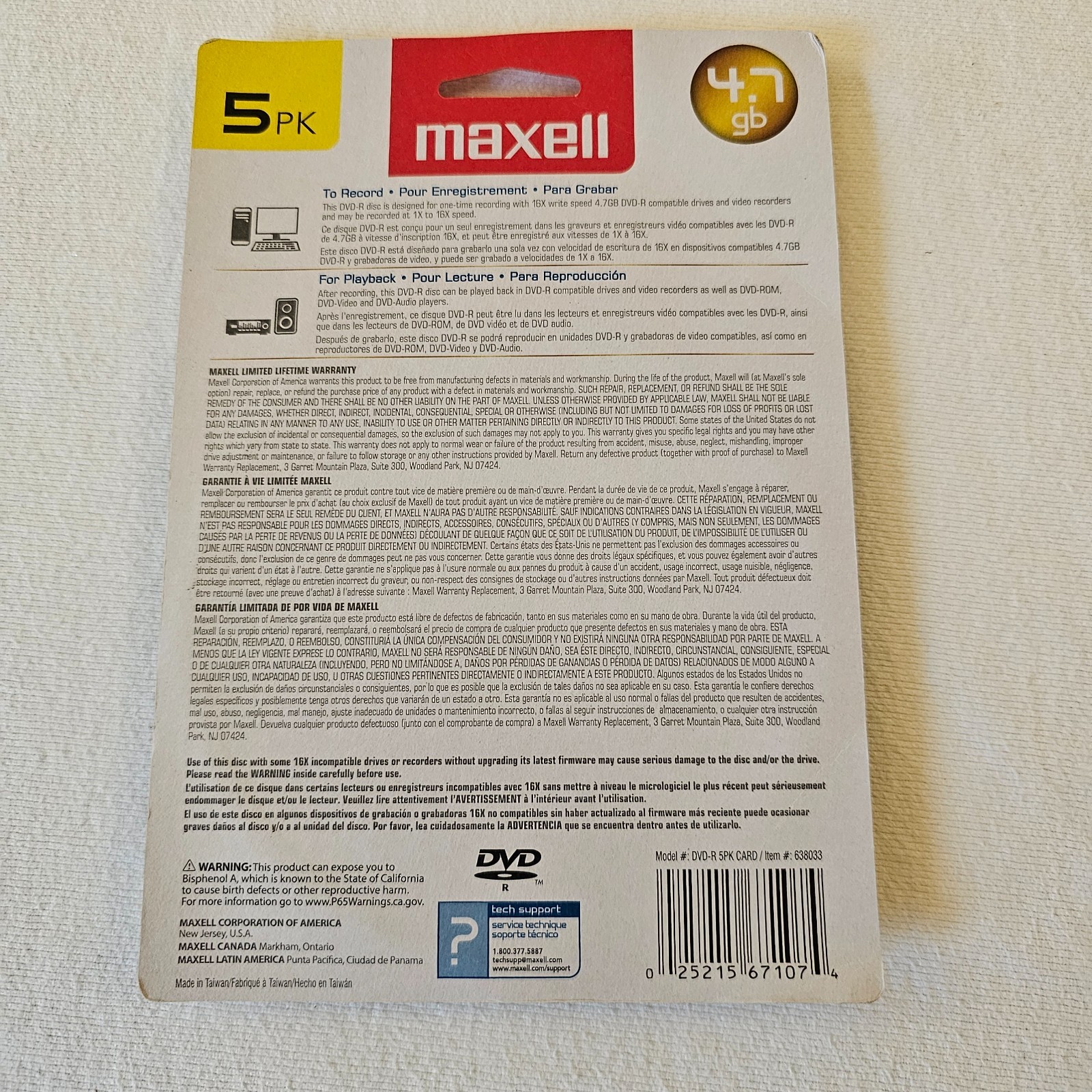 Maxell 5 pack Gold DVD-R 120min/up to/max 16X 4.7GB 2 hrs. sp mode