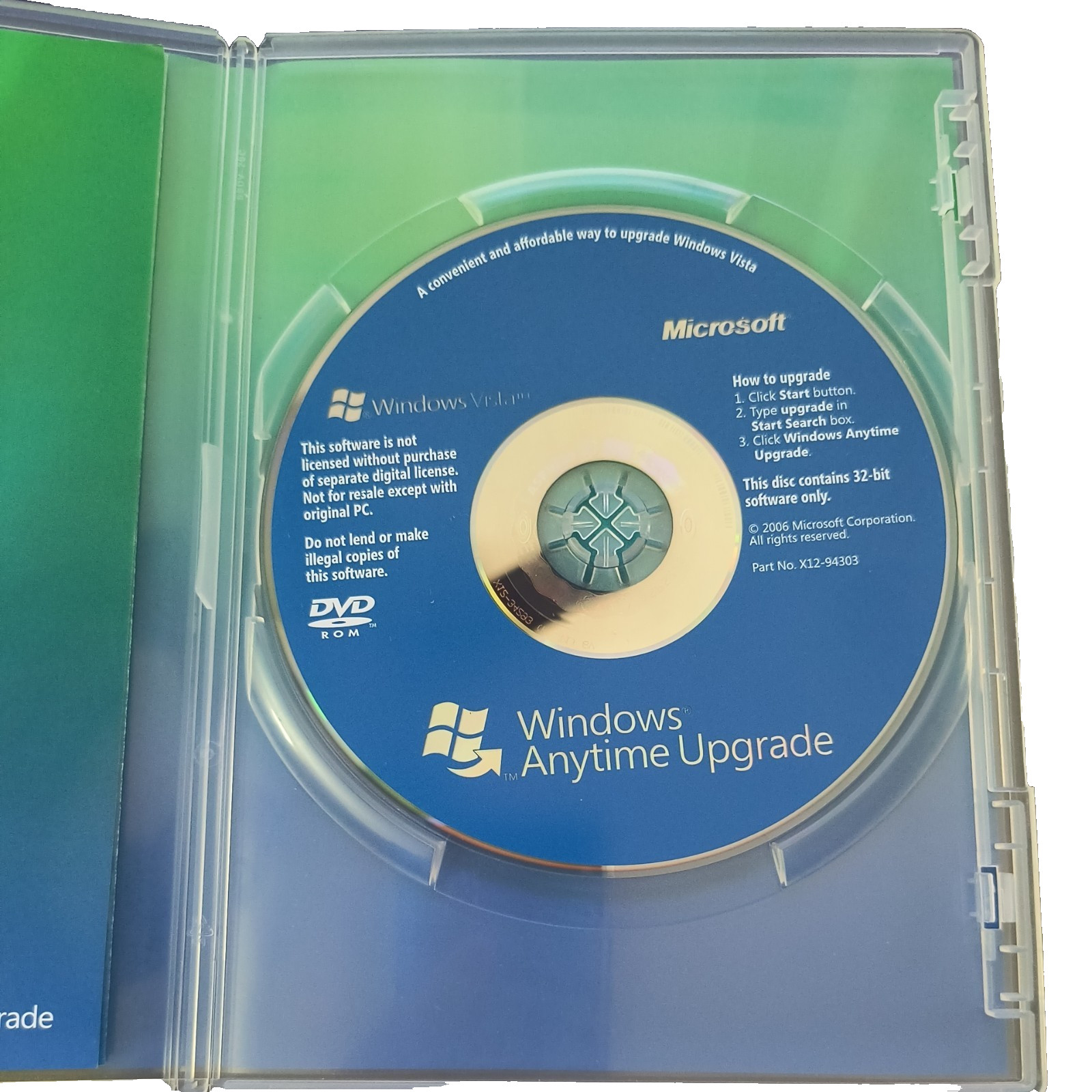 Microsoft Windows Vista Anytime Upgrade Disc 32 bit English DVD Software