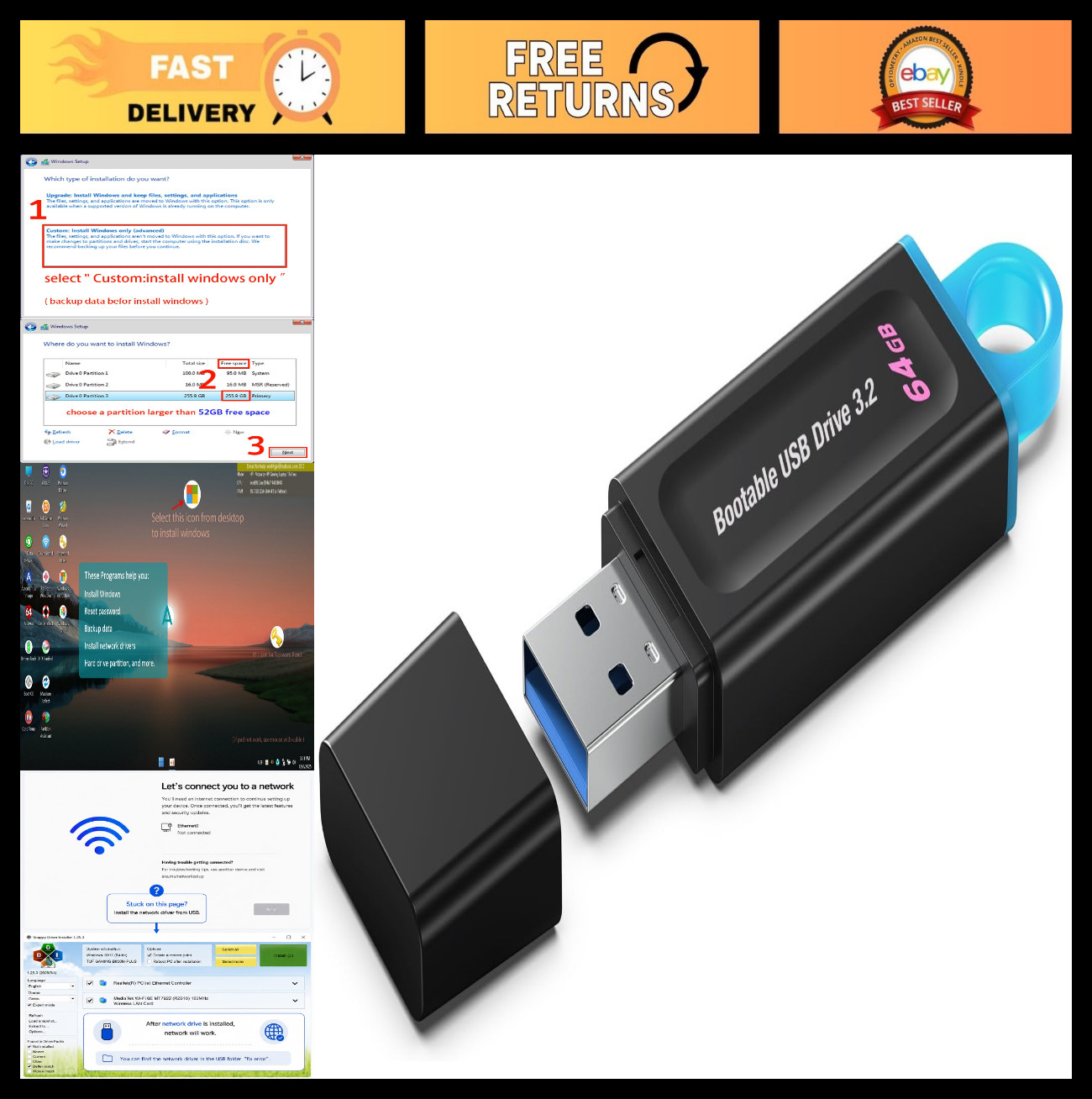 64GB Bootable USB Drive 3.2 for Windows 11/10/8.1/7, Install & Recovery Tool, UE