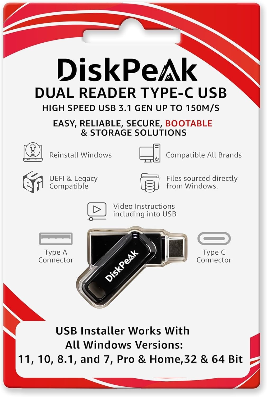 Universal 64GB Bootable USB Drive for Windows – Type-C & A – 150MB/s Speed