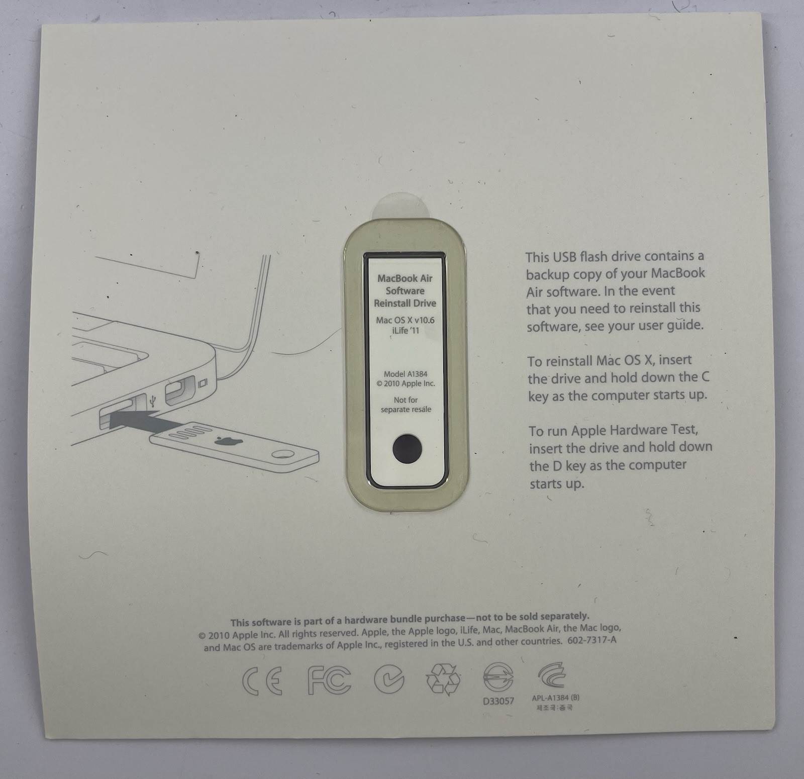Apple MacBook Air Software Reinstall Drive Max OS X v 10.6 iLife 11 Model A1384