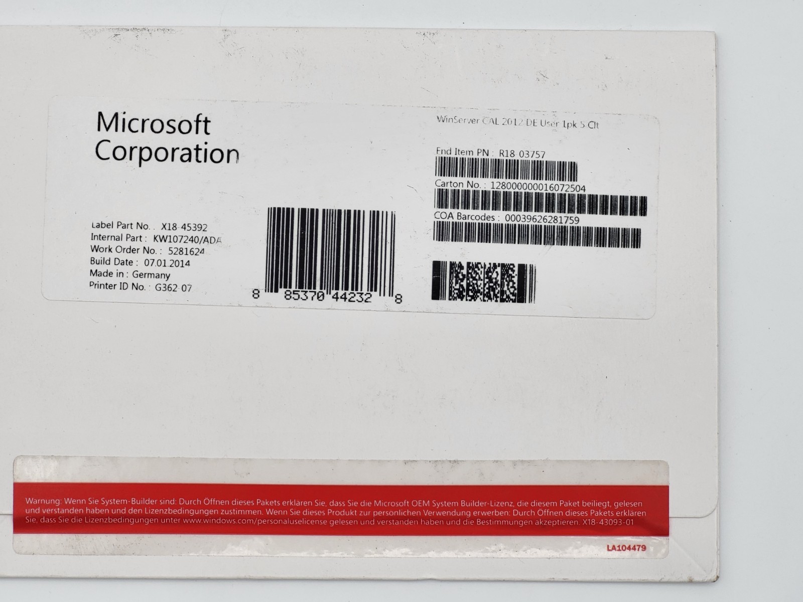 Windows Server CAL 2012 German DE 1pk 5 USER User X18-45392 R18-03757 License