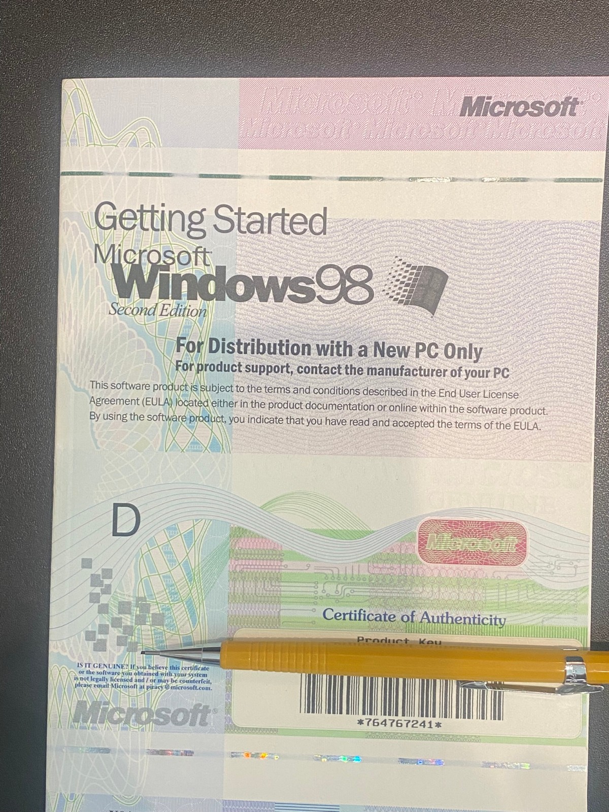 MS Windows 98 SE Manual and Product Key (no CD)