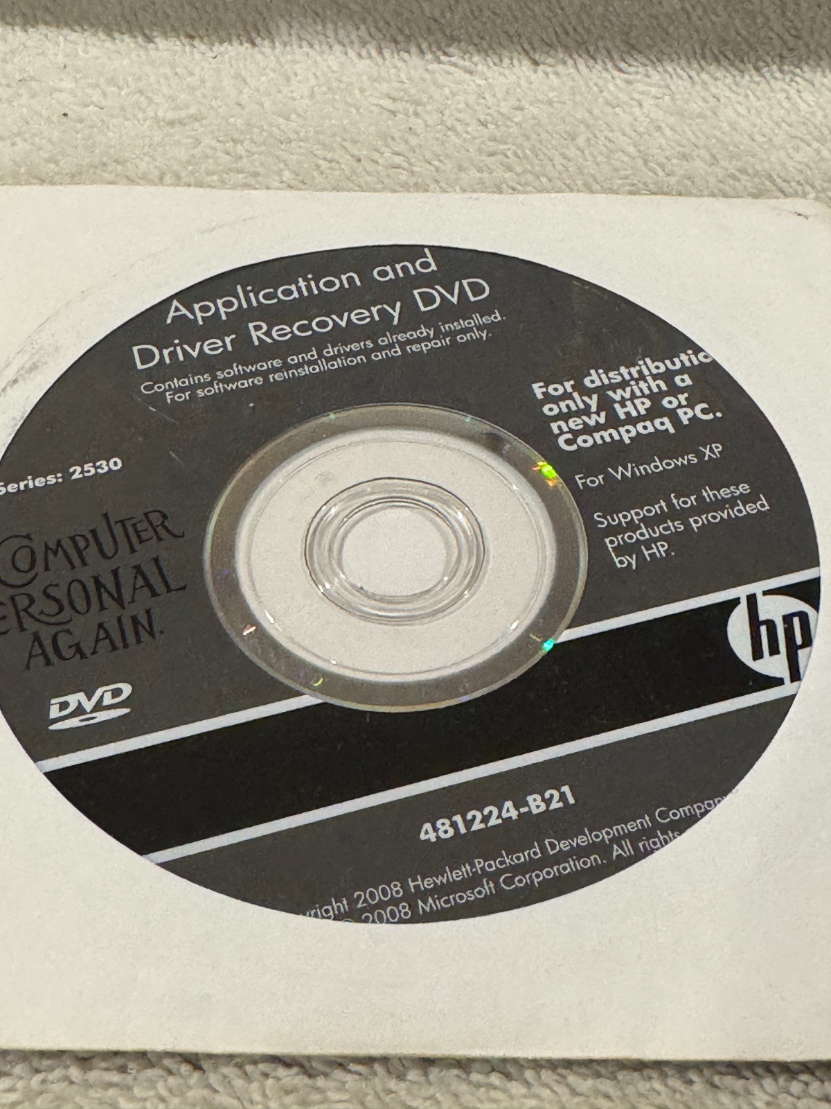 HP Application & Driver Recovery DVD Series 2530 Win XP – CD ONLY VERY GOOD COND