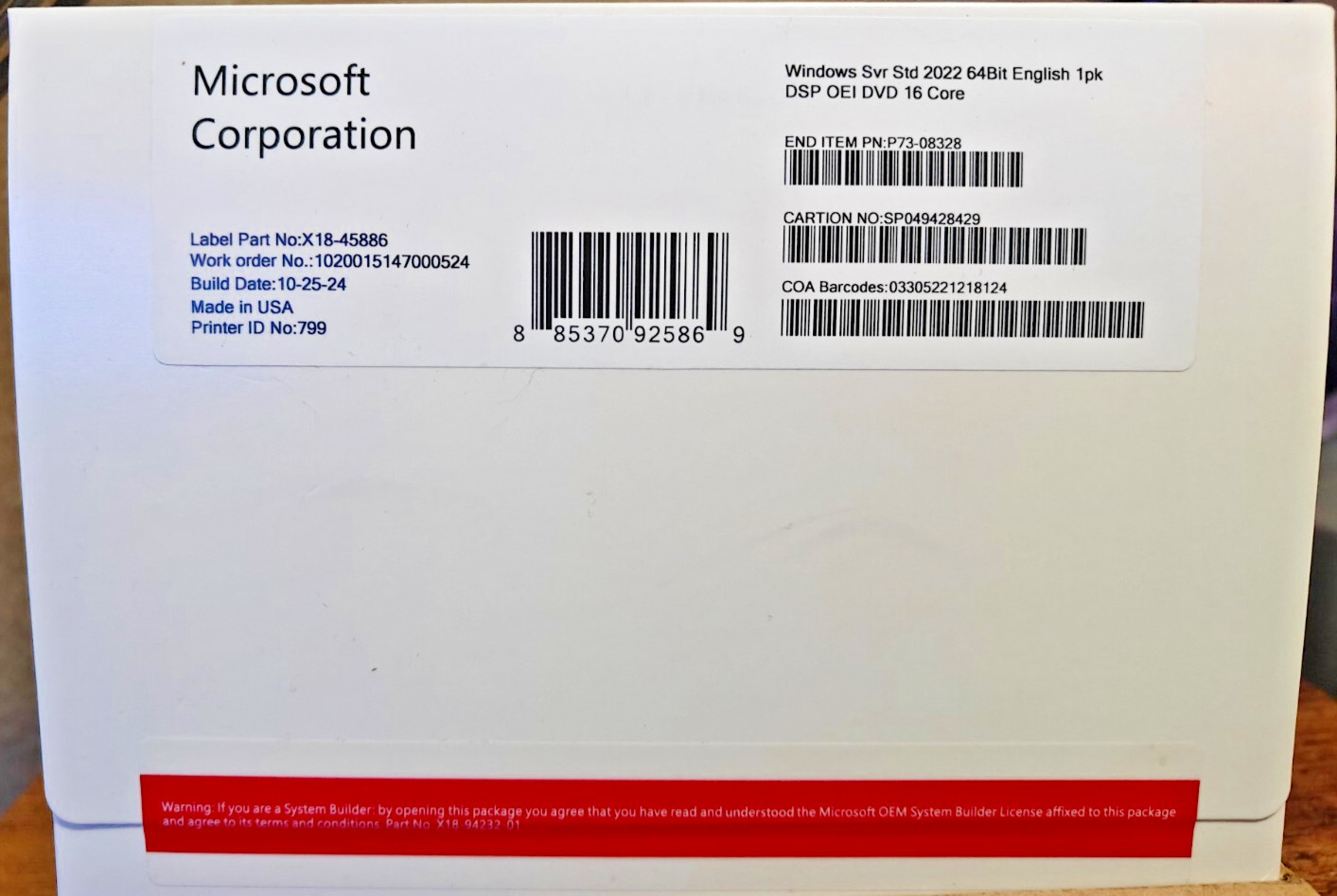 Windows Server 2022 Standard Edition – OEM 16 Core License Pack