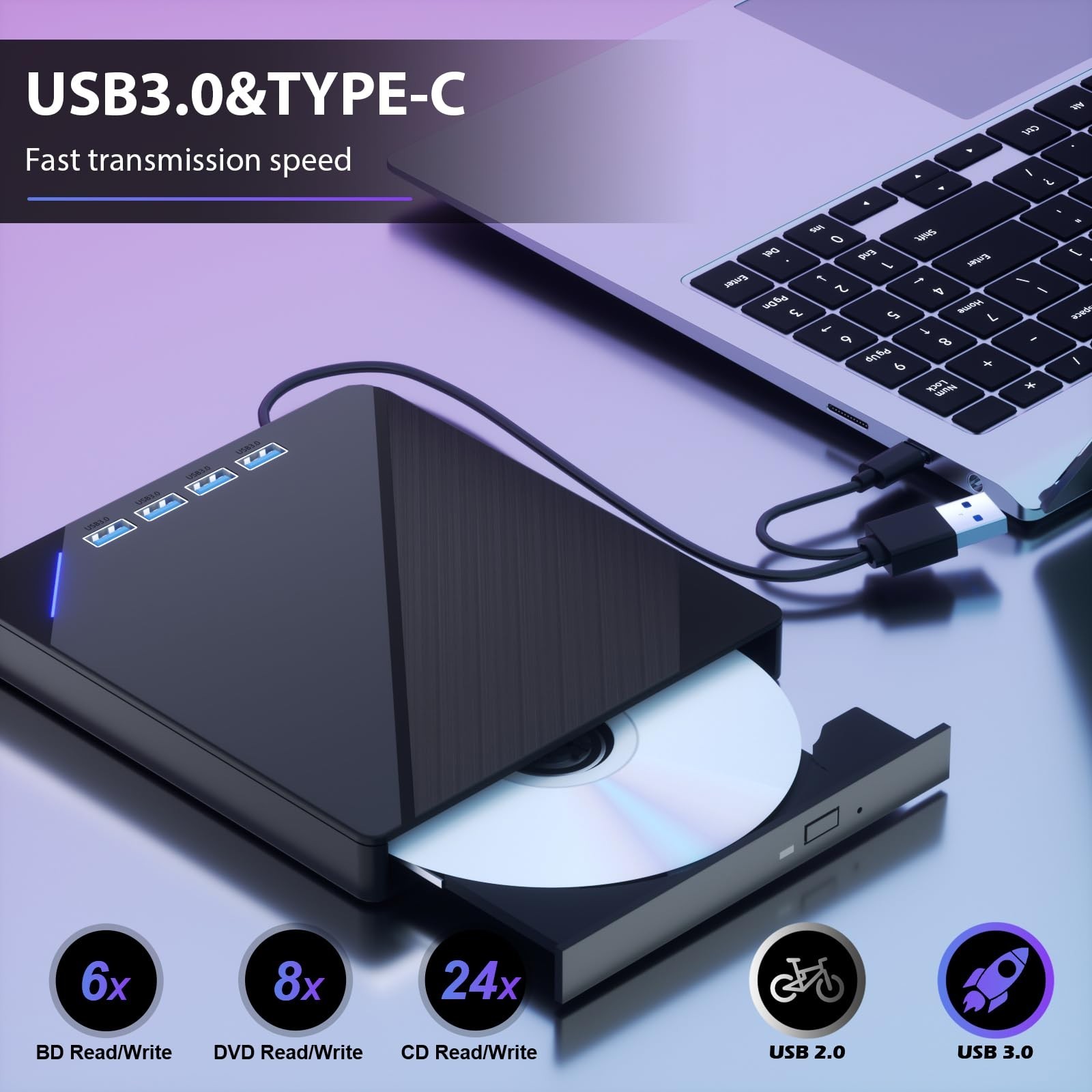 External Blu ray Drive, 7 in 1 Support 100G Disc R/W, USB3.0 Type-C Bluray Dr…