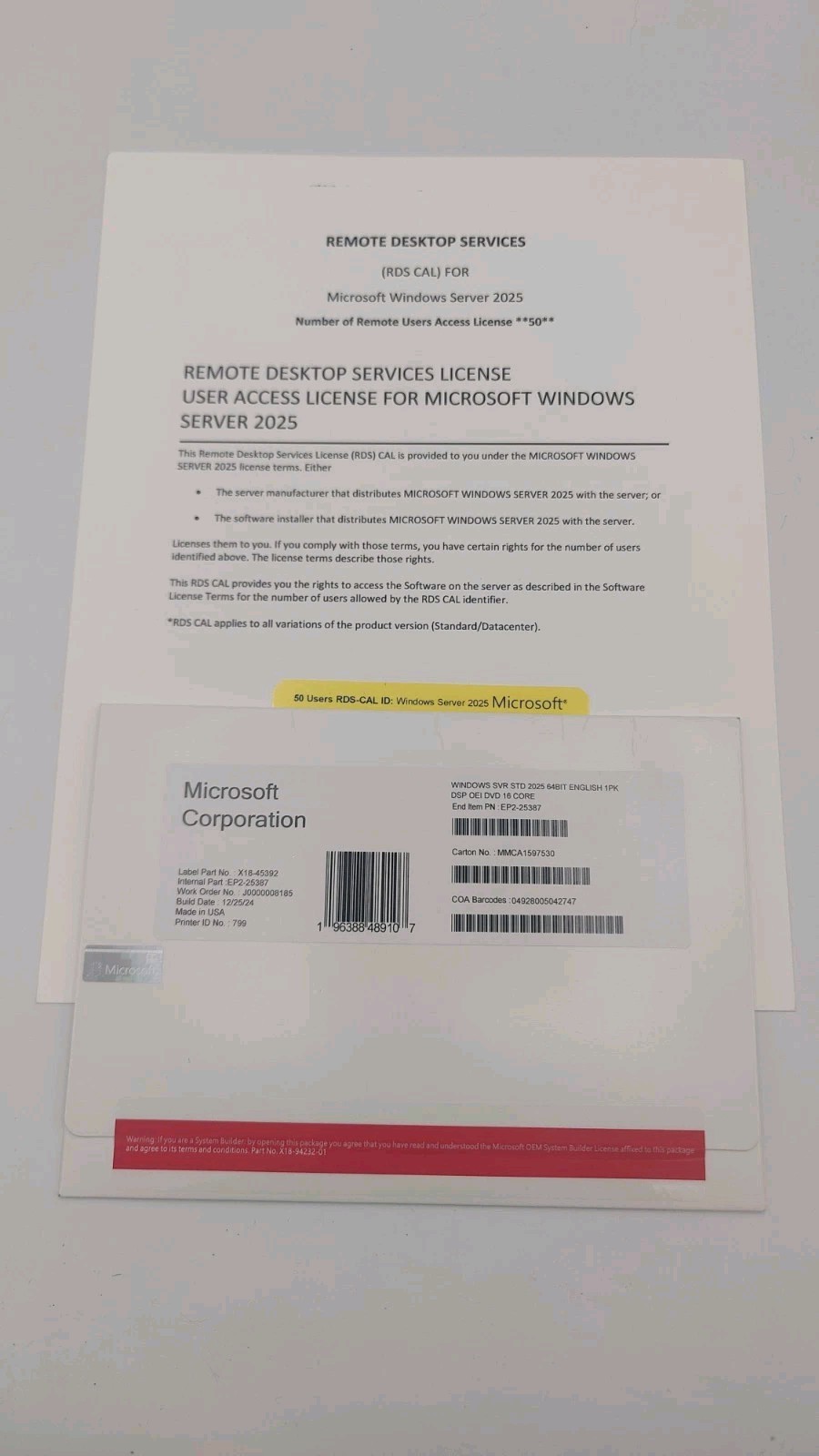 Bad HDD w/Windows Server 2025 Standard 16-CORE -Bonus 50 RDS Remote Desktop CALS