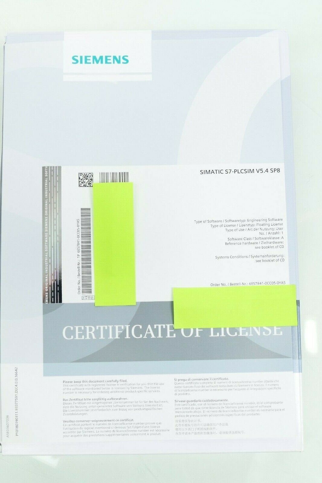 Siemens Software License SIMATIC S7-PLCSIM | V5.4 SP8 | 6ES7841-0CC05-0YA5