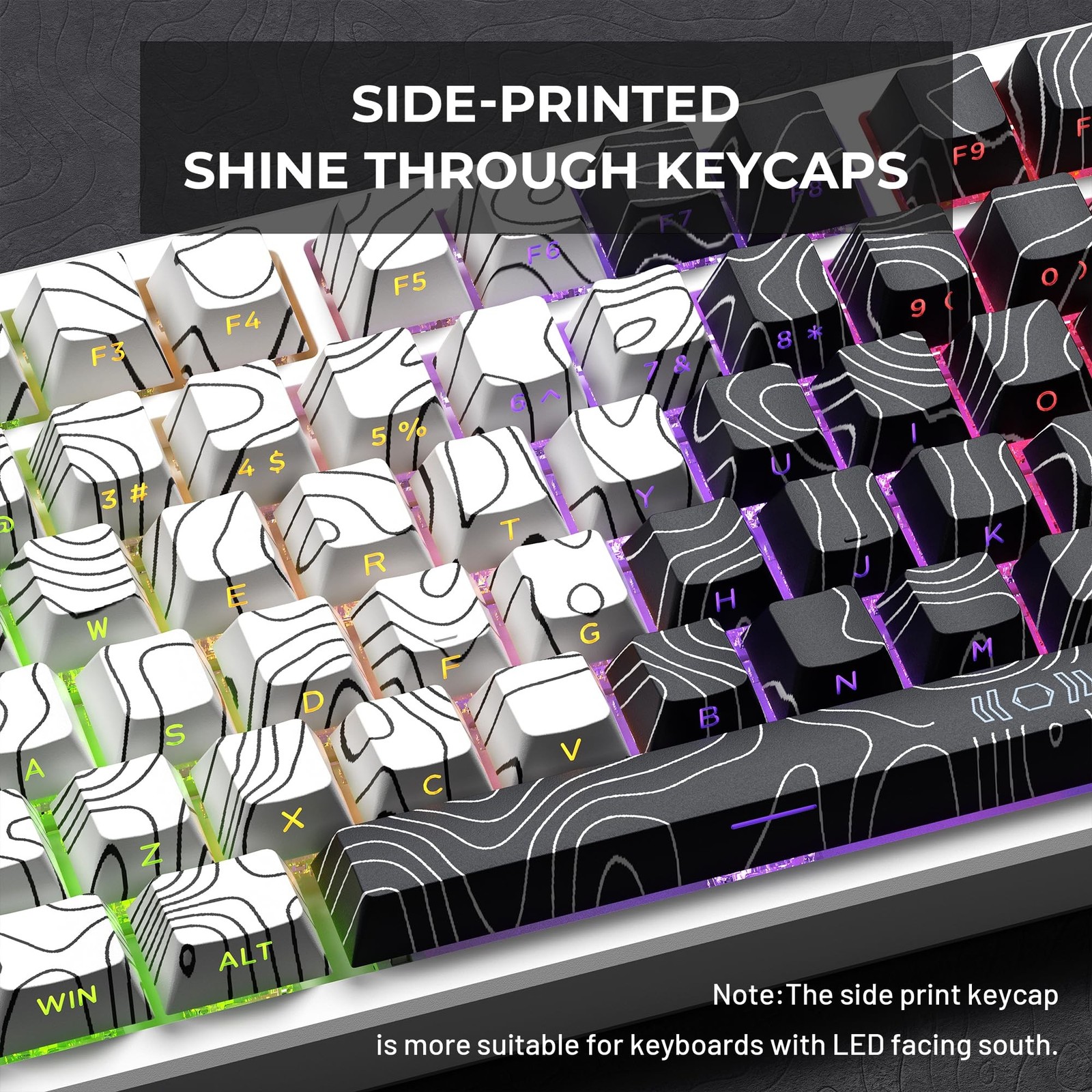XVX Topographic PBT Keycaps, Shine Through Keyboard Keycaps, White/Black Cher…