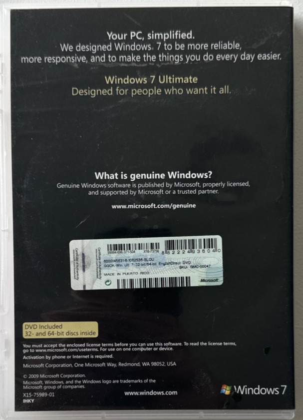 Windows 7 Ultimate Edition 32 bit and 64 bit discs *NO PRODUCT KEY*