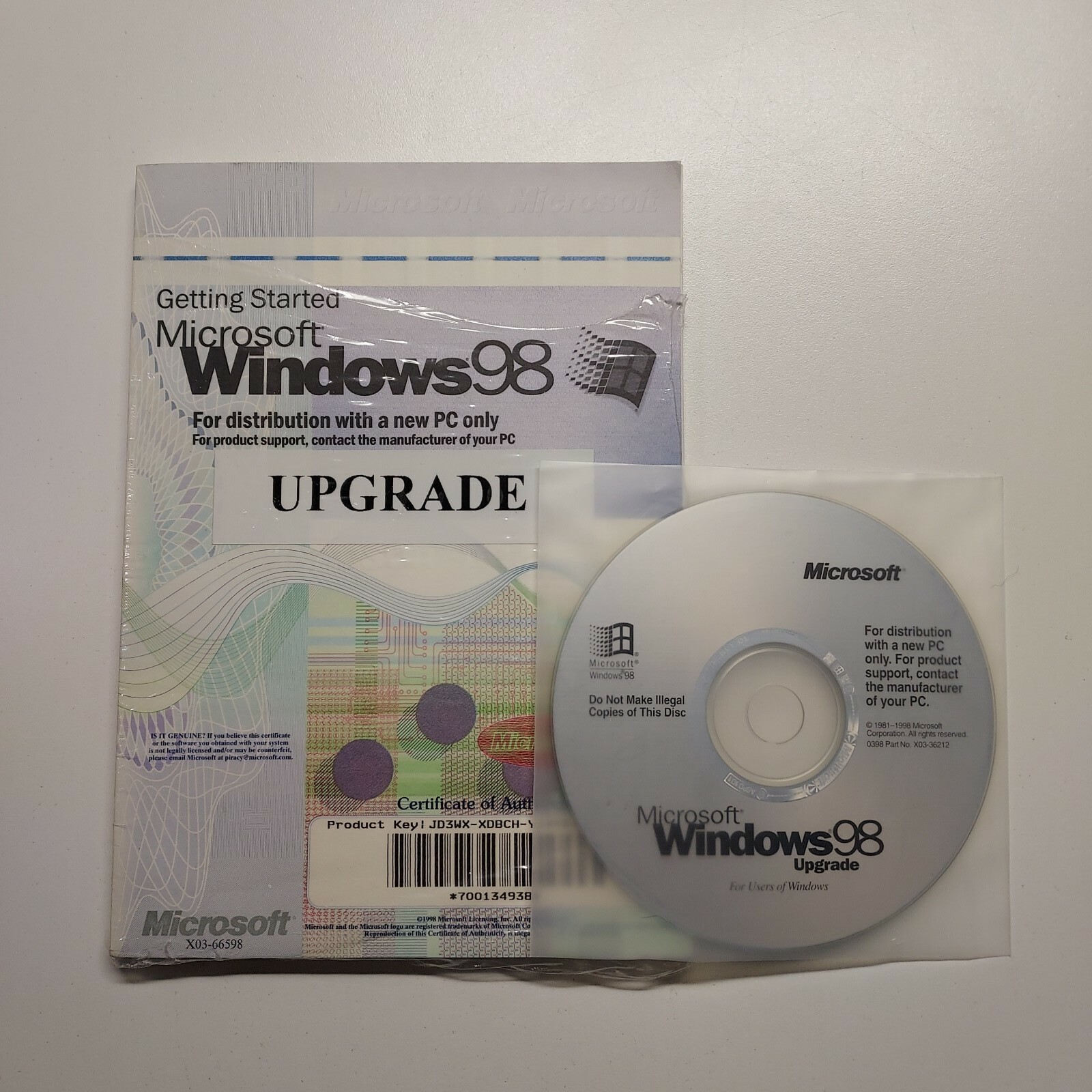 MICROSOFT WINDOWS 98 UPGRADE SOFTWARE CD, MANUAL, PRODUCT KEY