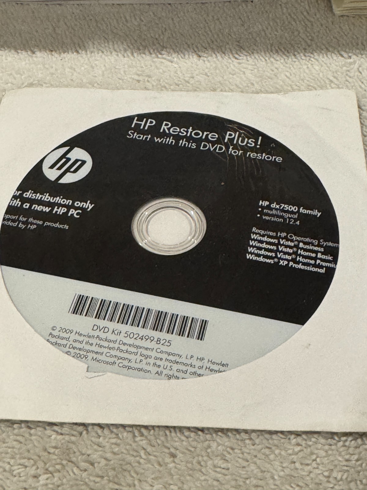 HP Restore Plus! HP dx7500 Win Vista Business Vista HB Vista HP XP Pro – CD ONLY