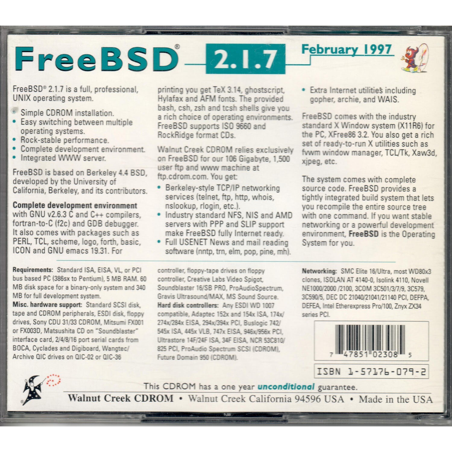 FreeBSD 2.1.7 Install CD UNIX OS Walnut Creek CDROM February 1997