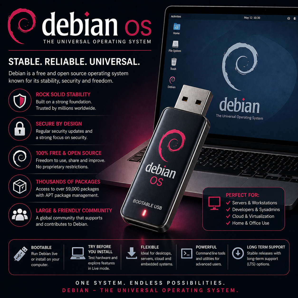 Debian OS Bootable USB | Live & Install | x64 & ARM | LATEST Version – PRELOADED