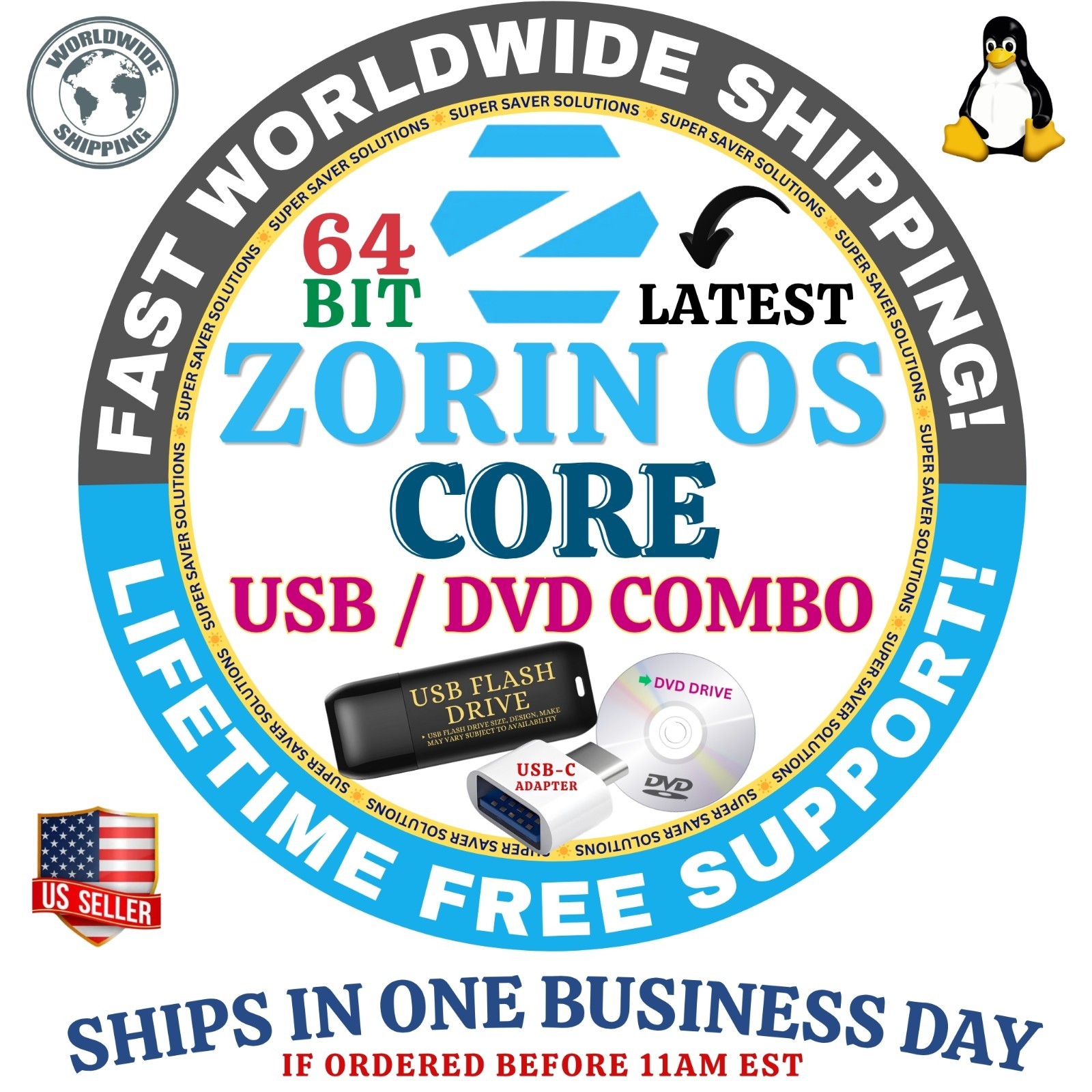 3-IN-1 LINUX BOOT USB / UBUNTU DESKTOP, MINT CINNAMON, ZORIN CORE / LATEST ISO