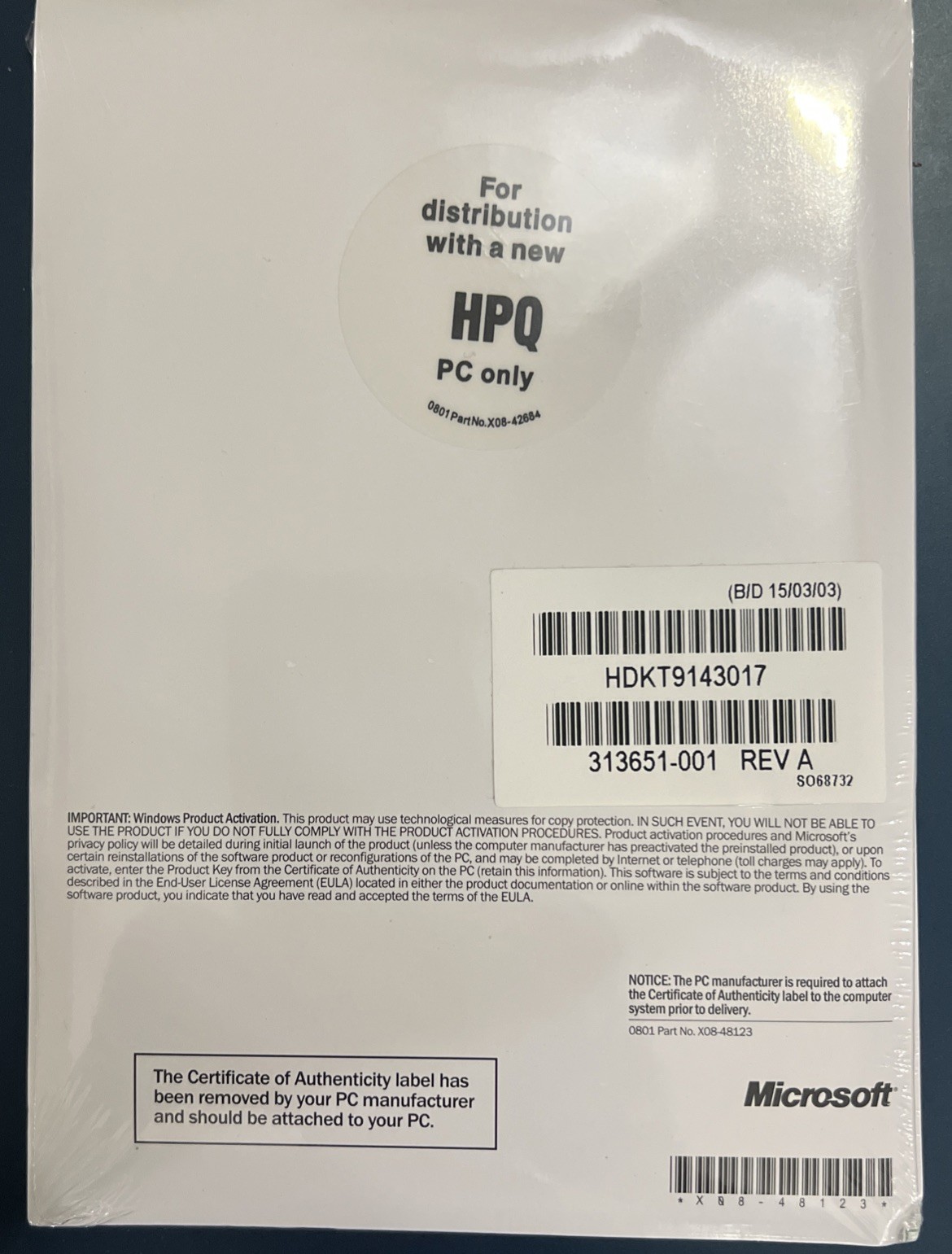 Microsoft Windows XP Home Edition 2002 FULL OS OEM For New HPQ PC Only