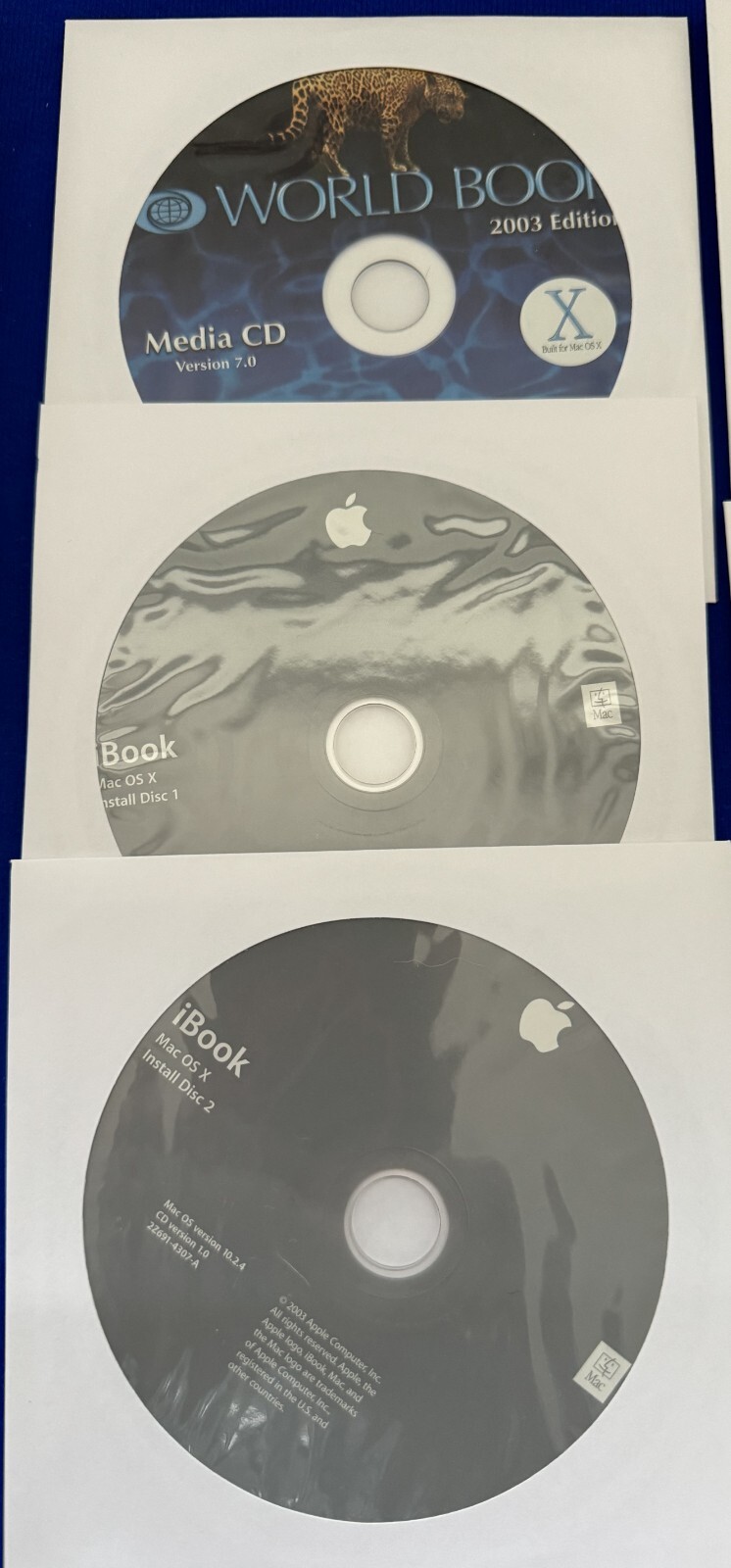 7-2003 Apple Mac iBook OS X Install & Restore Software + World Book Media CDs