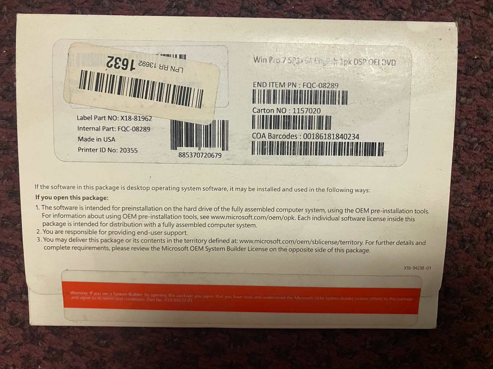 Windows 7 Pro SP-1 FQC-08289 English 1PK DSP OEI DVD LCP Microsoft