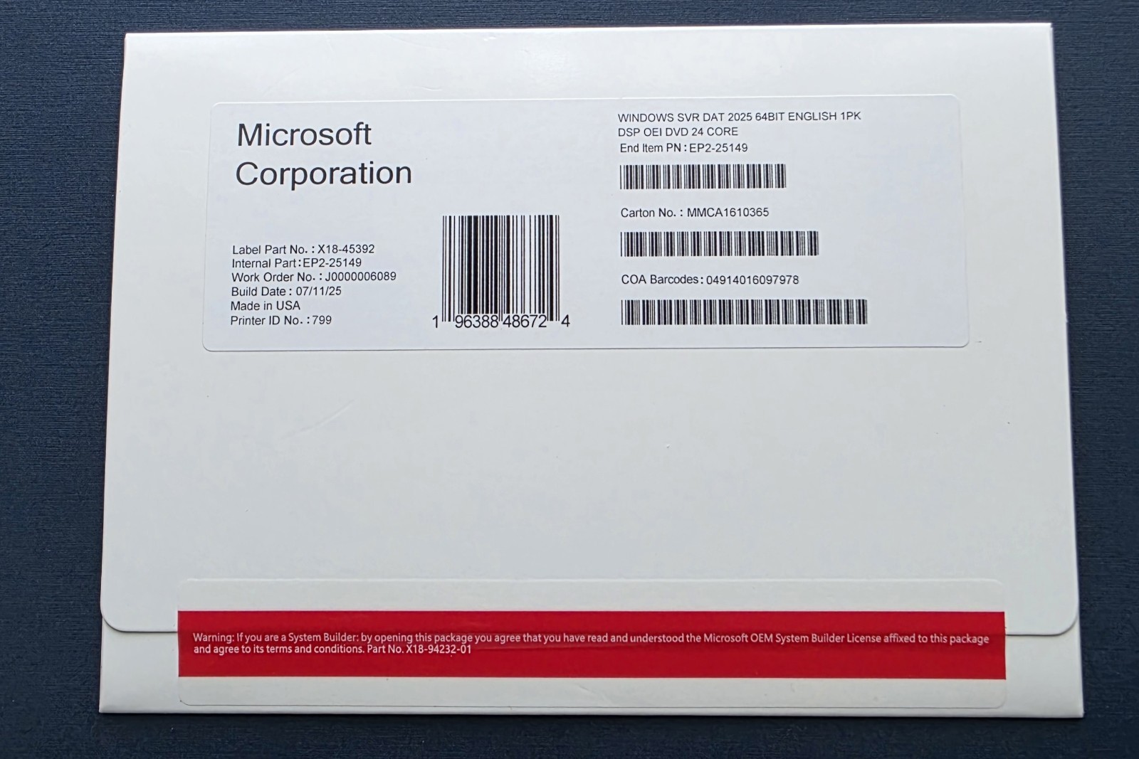 Windows Server 2025 Datacenter 24 Core DVD-key Sealed (NEW)