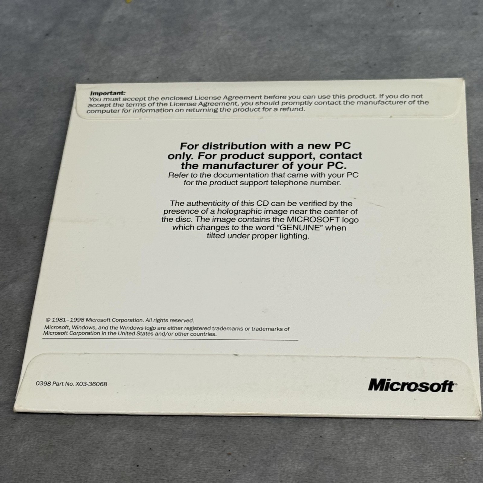 Vintage Microsoft Windows 98 OEM CD with Sleeve 1998 P/N X03-36068 For New PC