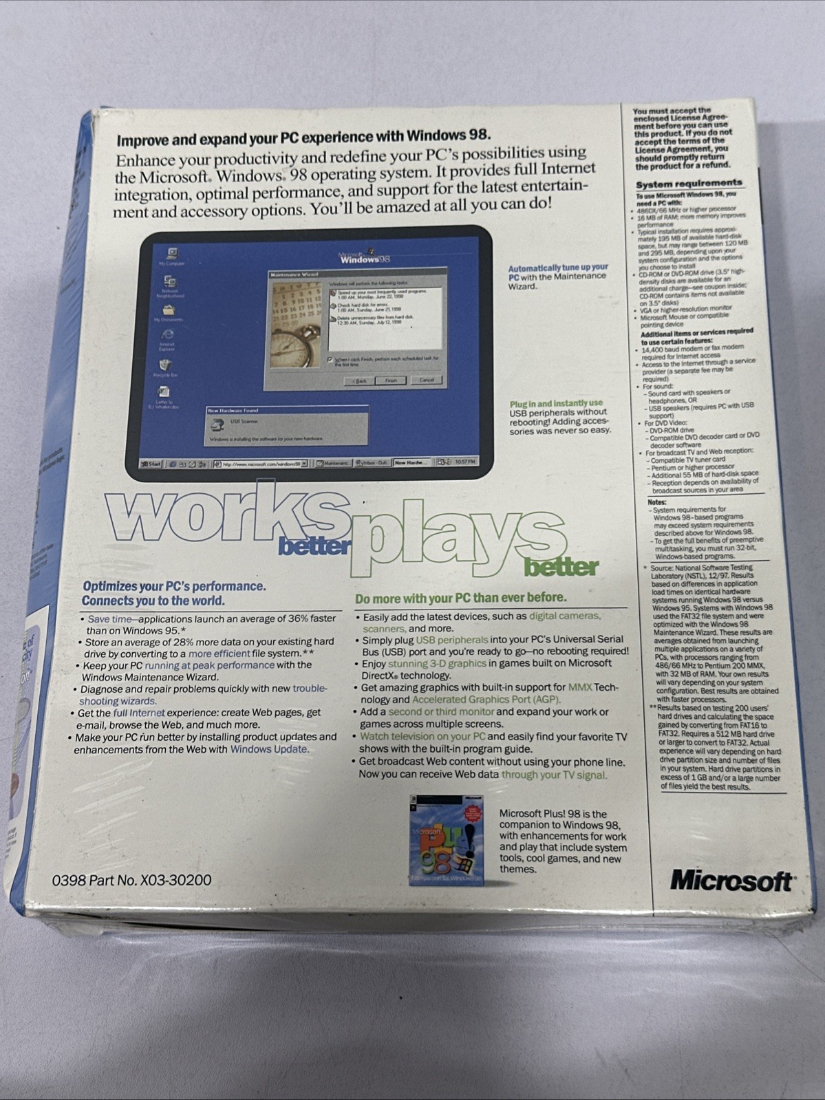 MICROSOFT WINDOWS 98 UPGRADE NEW VERSION SEALED 0398 Part X03-30200