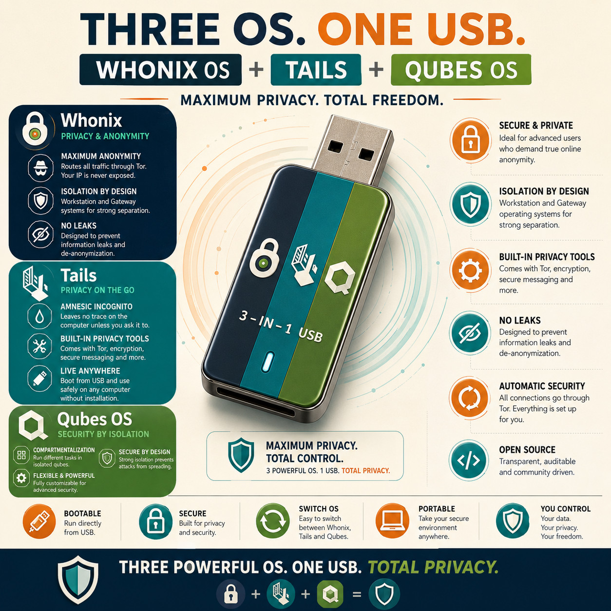 THREE IN ONE – Whonix OS + Qubes OS + Tails OS Linux OS USB FULL Privacy Bundle