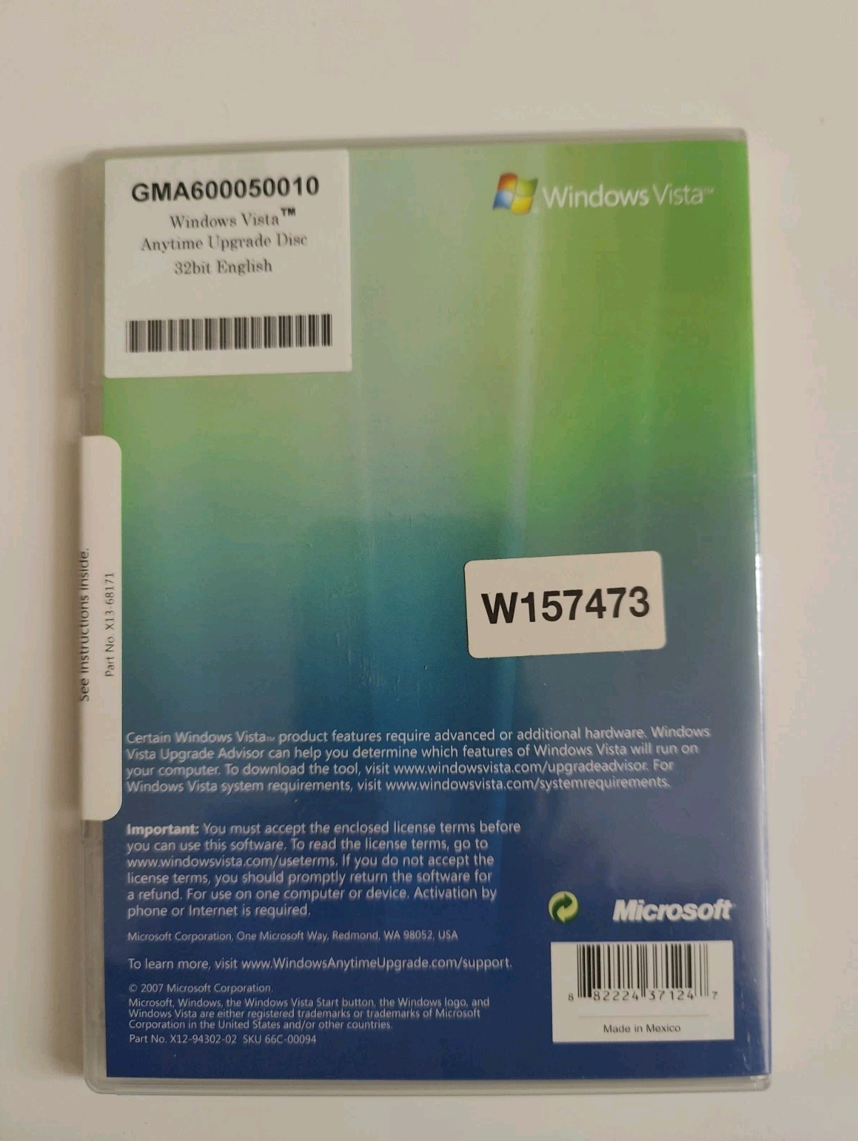 Microsoft Windows Vista Anytime Upgrade Disc And Case – 32 Bit SEALED