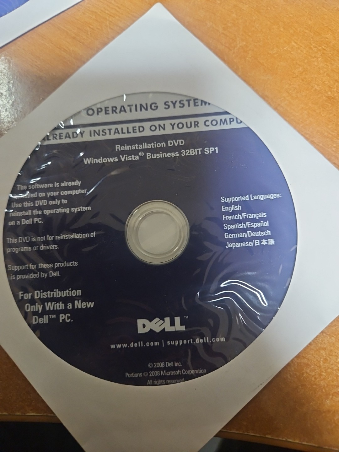 Dell 2008 Microsoft Windows Vista Business 32Bit SP1 Reinstallation DVD SEALED