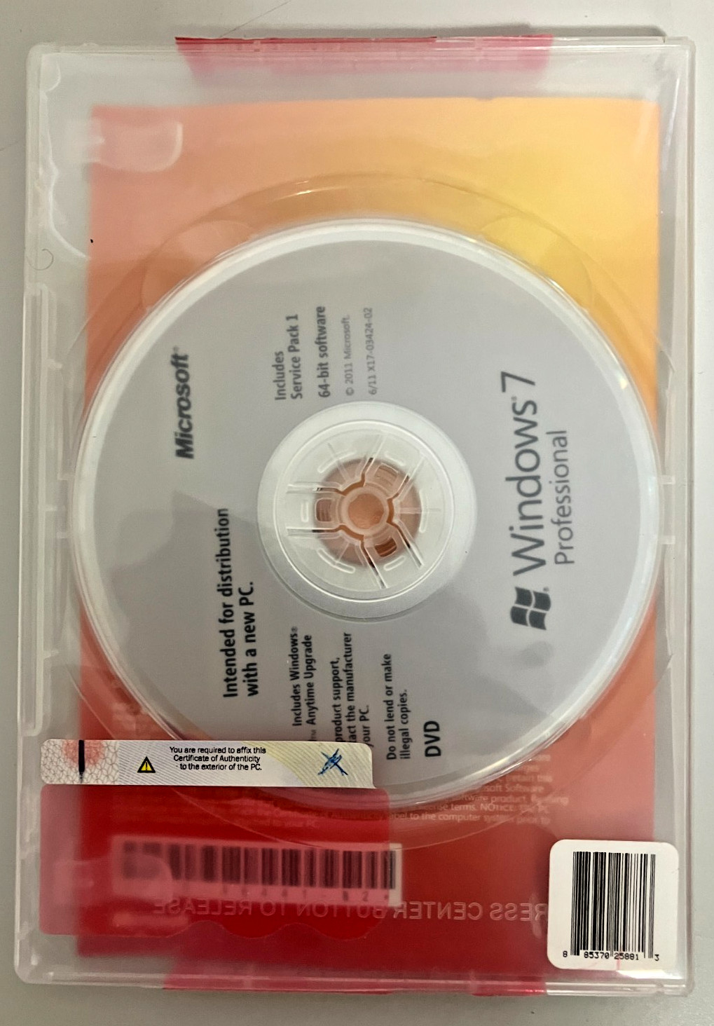 MS Windows 7 Pro DVD w/SP1 Only, No Product Key