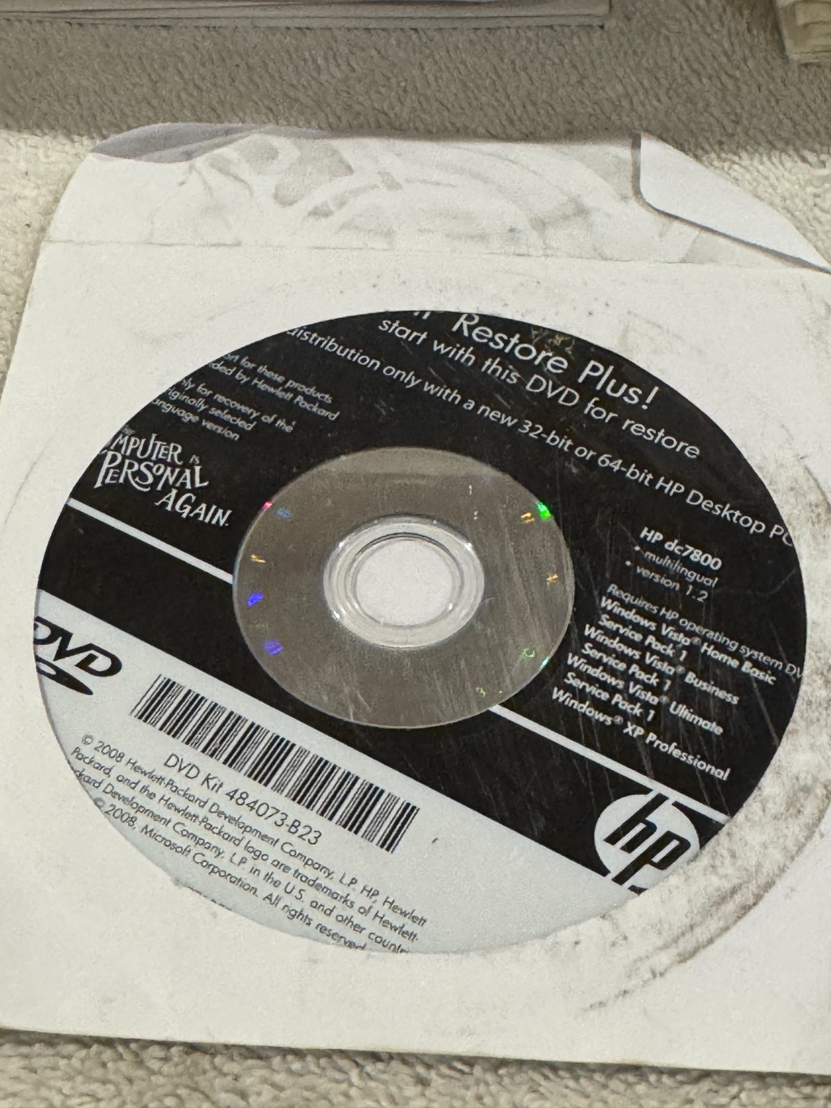 HP Restore Plus! HP dc7800 – CD ONLY IN VERY GOOD CONDITION!!!