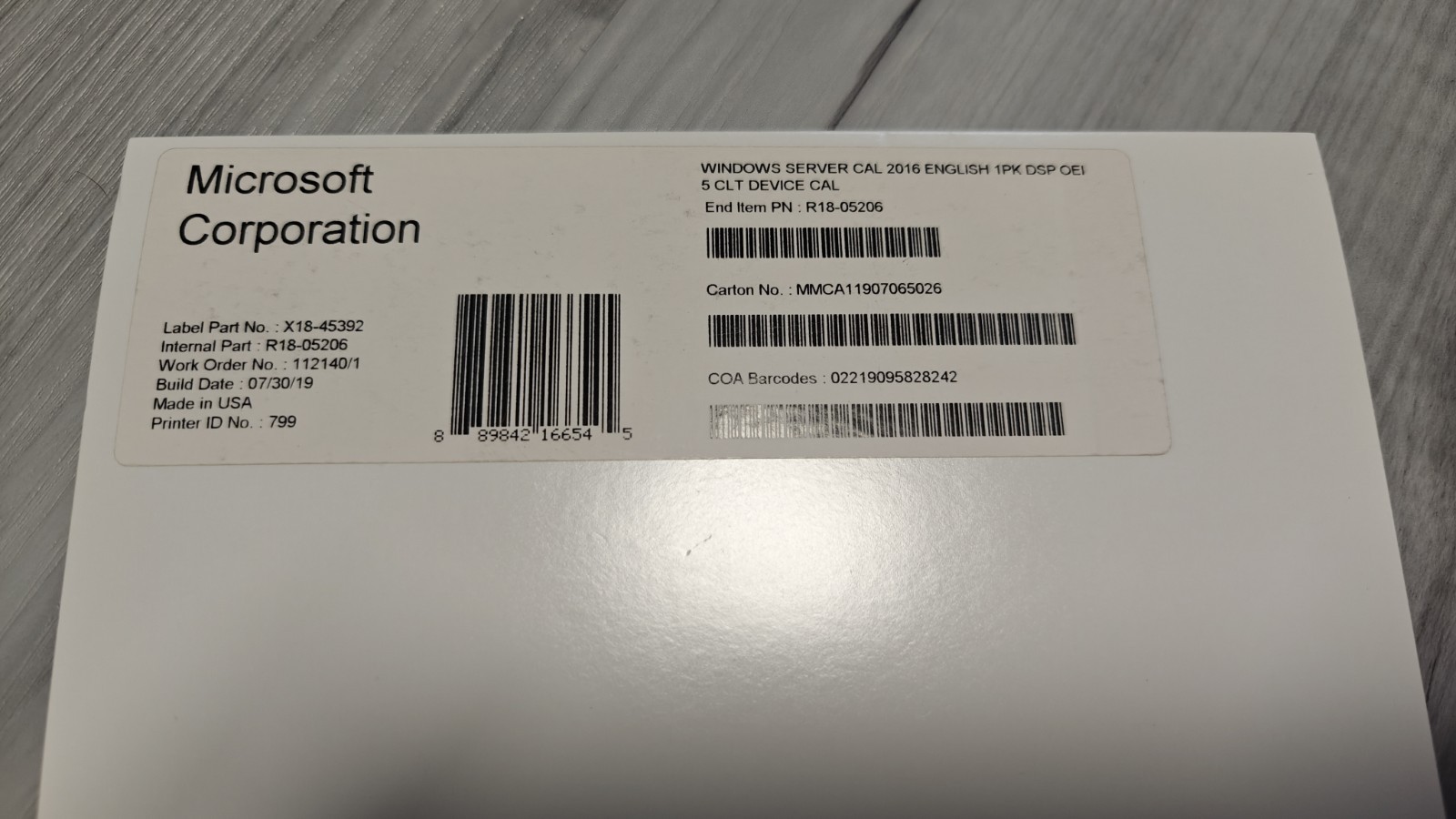 Microsoft Window Server 2016 CAL DSP OEI 5 Device Clt R18-05206 Brand New