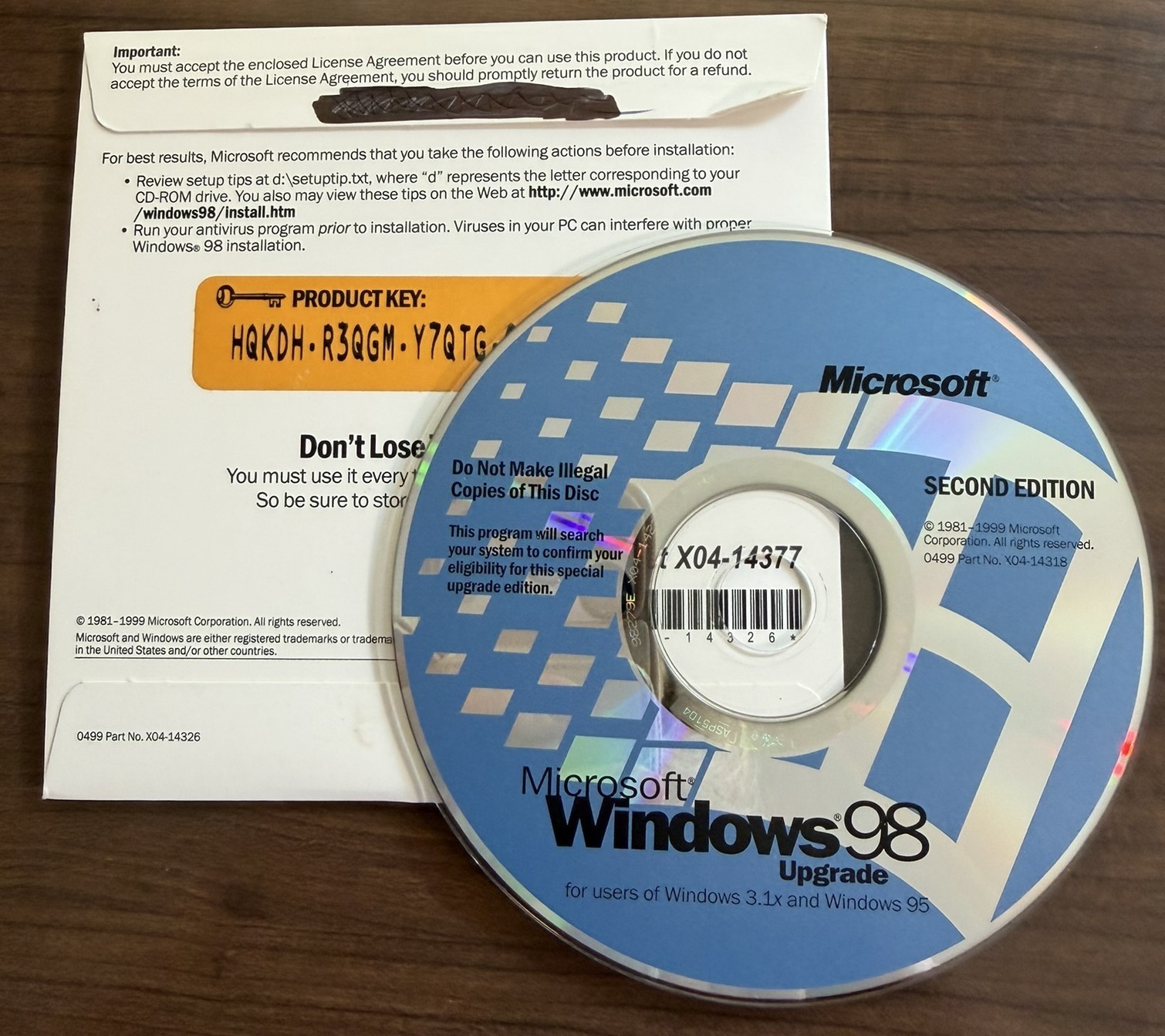 Microsoft Windows 98 Second Edition Upgrade CD with Product Key