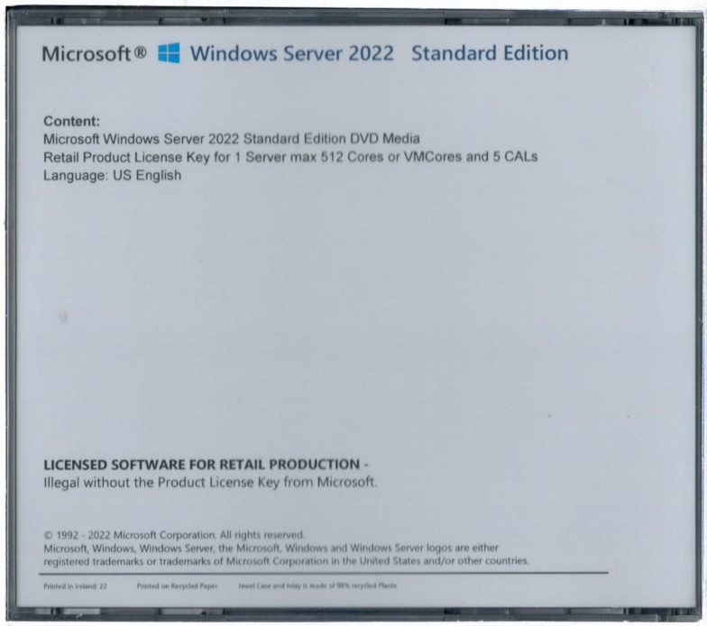 Windows Server 2022 Standard Edition with 5 CALs. Retail License, English.