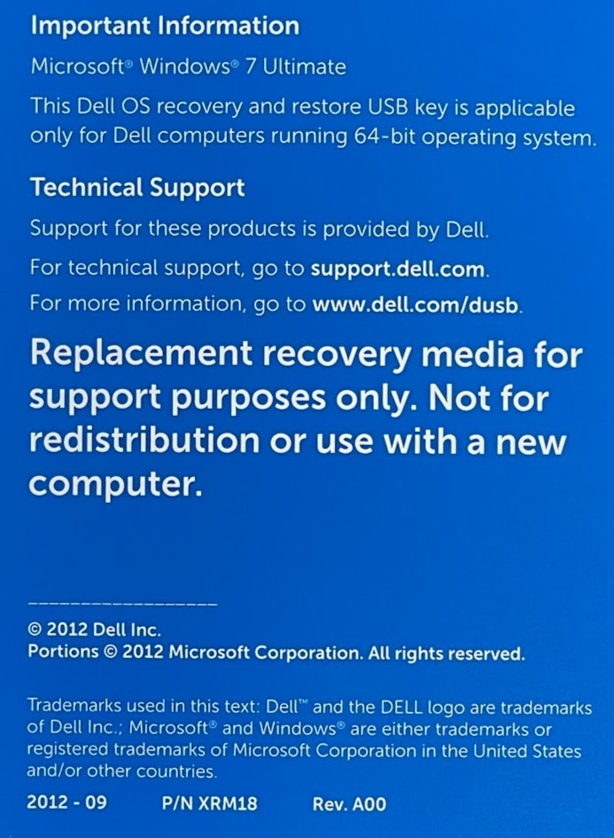 Microsoft Windows 7 Ultimate 64Bit OS Recovery & Restore USB Key / XRM18 / RXJ99