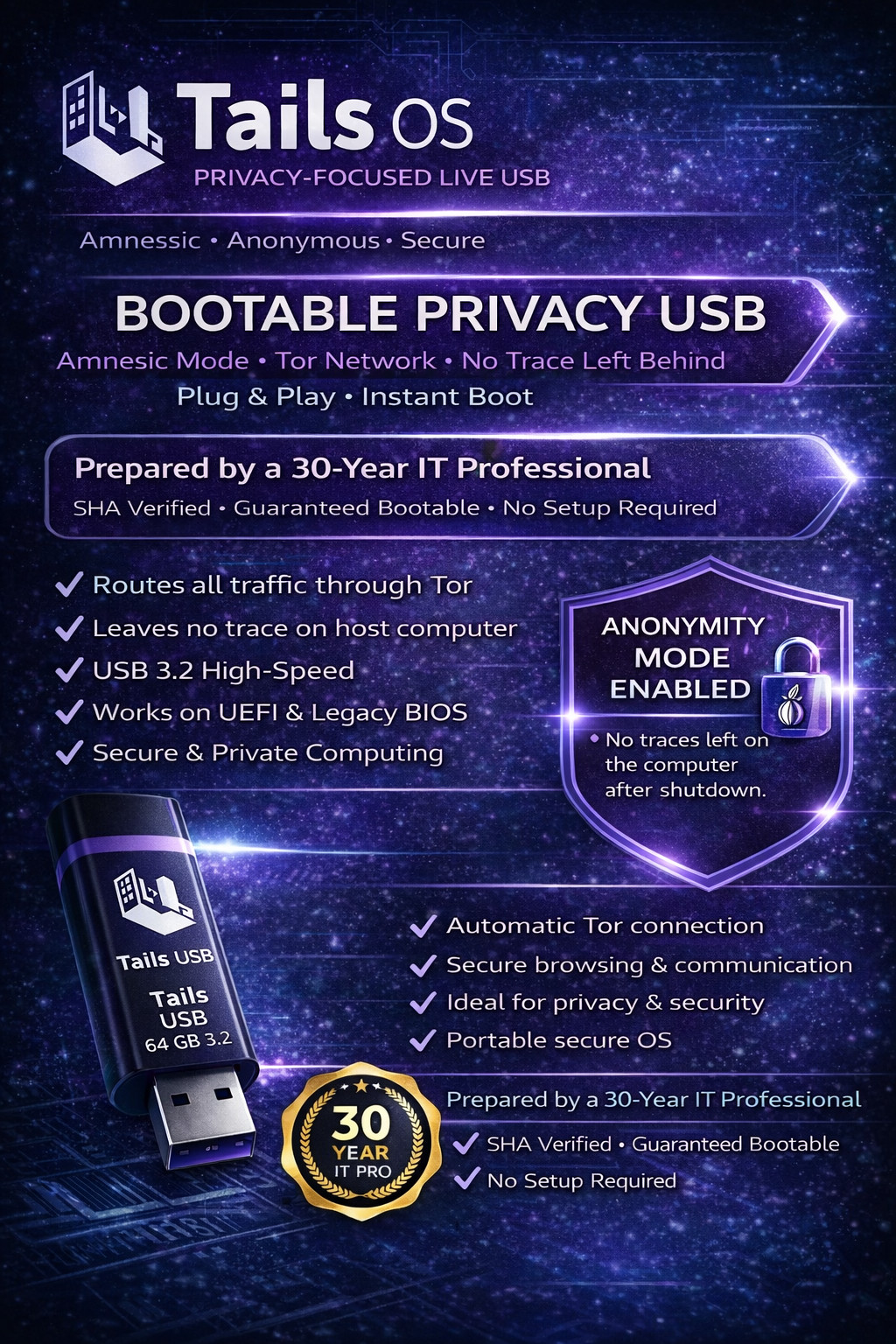Tails Linux 7.4 USB Drive Safe Fast Secure Live Bootable Anonymous