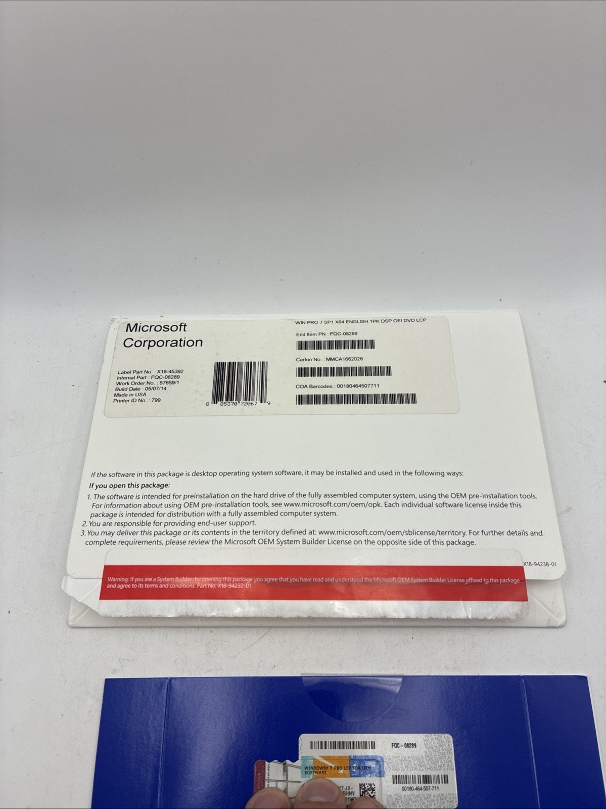 Microsoft Windows Win Pro 7 SP1 X64 English DSP OEI/JUA2742